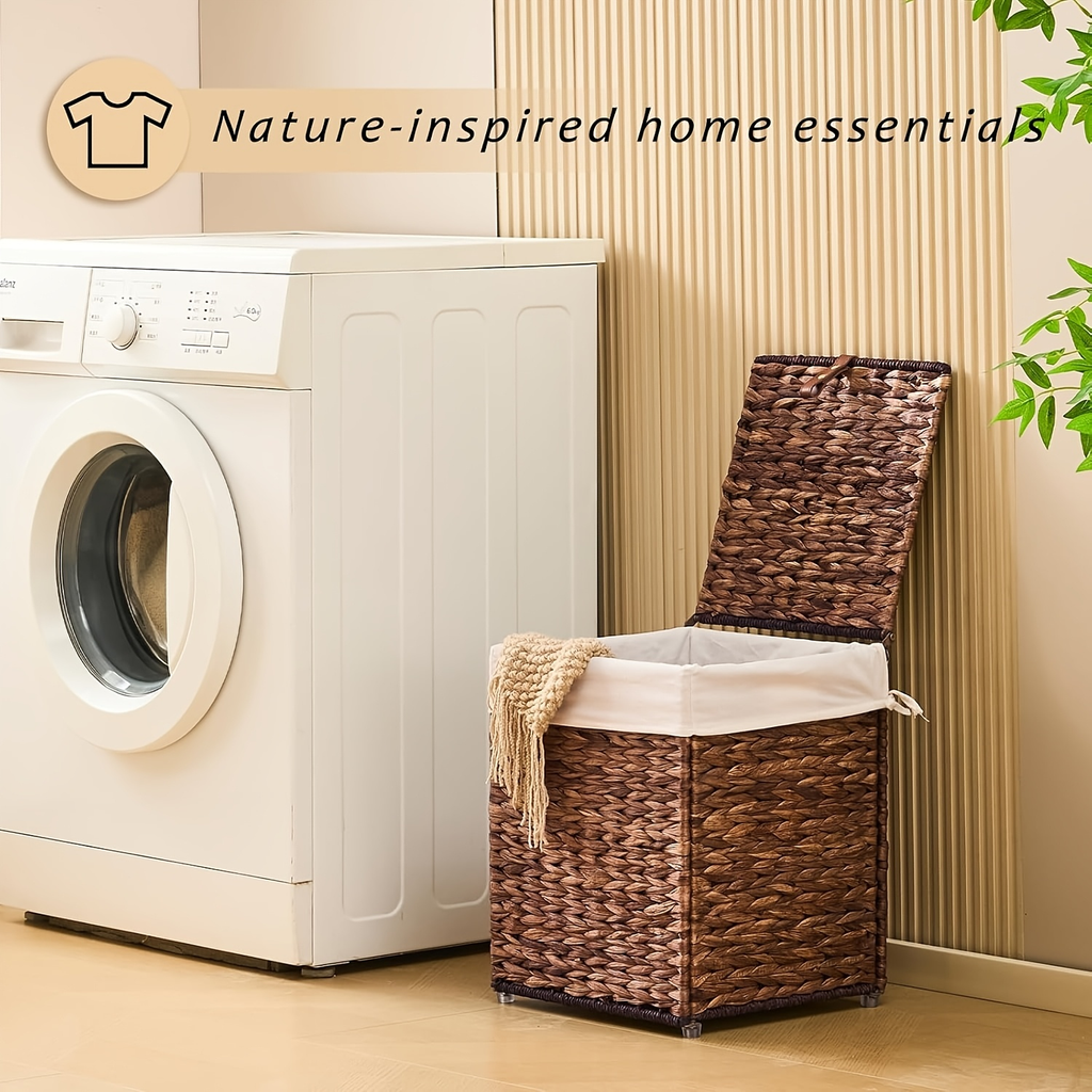 Laundry Basket with Lid & Handles – Handwoven Water Hyacinth Wicker Hamper, Removable Cotton Liner — image 5