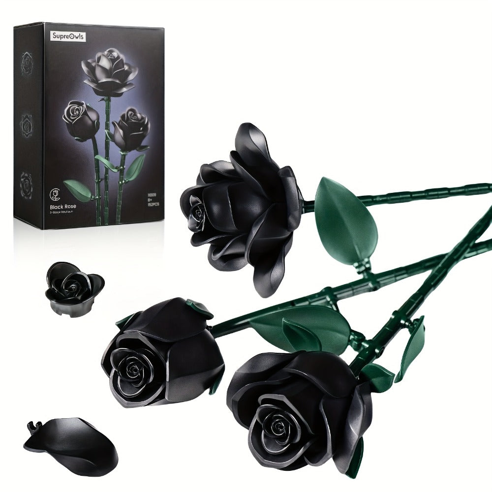 Building Block Set Black Rose Bouquet, 152-Piece Three-Flower Model with Adjustable Stems and Leaves for Display — image 2
