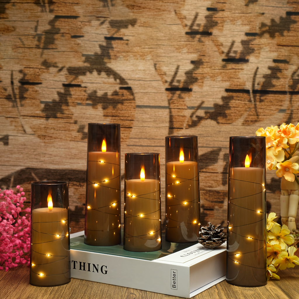 Flameless LED Candles with Remote Control Timer and Star String Lights Set of 5 or 7 Pillar Candles for Wedding Garden Home D
