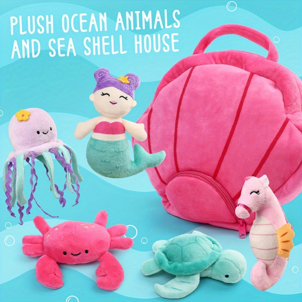 Plush Toy Five-Piece Ocean Creature Set with Mermaid, Sea Animals and Pink Shell Carry Bag — image 5