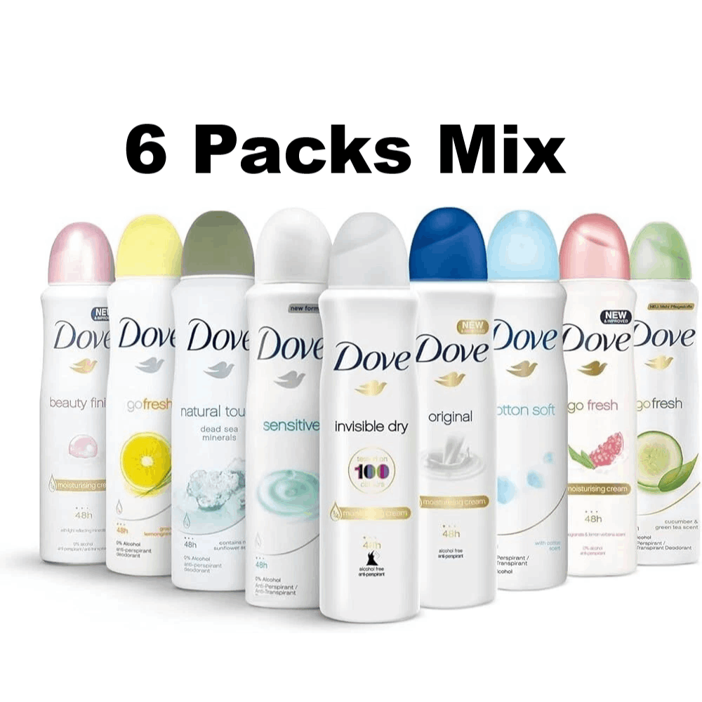 Dove Deodorant Body Spray for Women Antiperspirant 6 Pack Variety Set 48H Protection for Bath Time, Home Spa and Personal Car