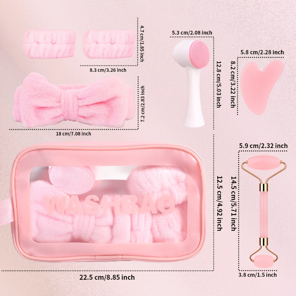 Facial Cleansing Massage Set 7Pcs Silicone Face Brush Double-Headed Roller Massager Heart Scraping Board Wristbands Hair Band