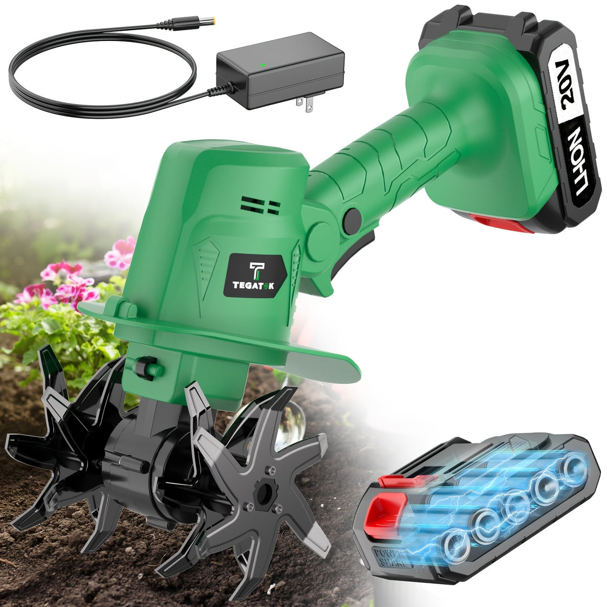 Cordless Electric Tiller 20V Handheld - 9-Inch 235RPM Garden Cultivator with Handle, Metal Soil Tiller for Weeding — image 2