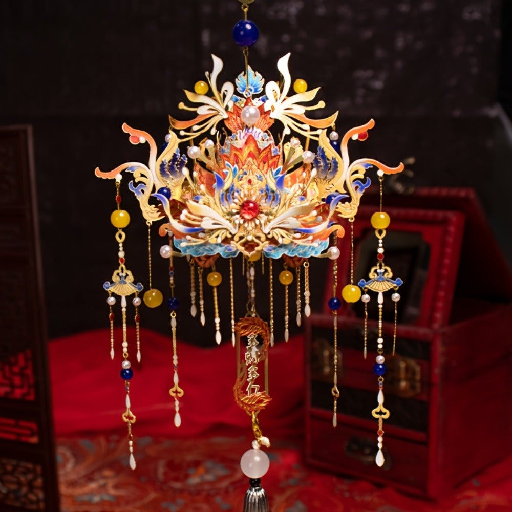 3D Metal Puzzle Phoenix Crown Qingluan – Blue & Gold DIY Assembly with Beads & Tassels, Chinese Mythology Art Collectible — i