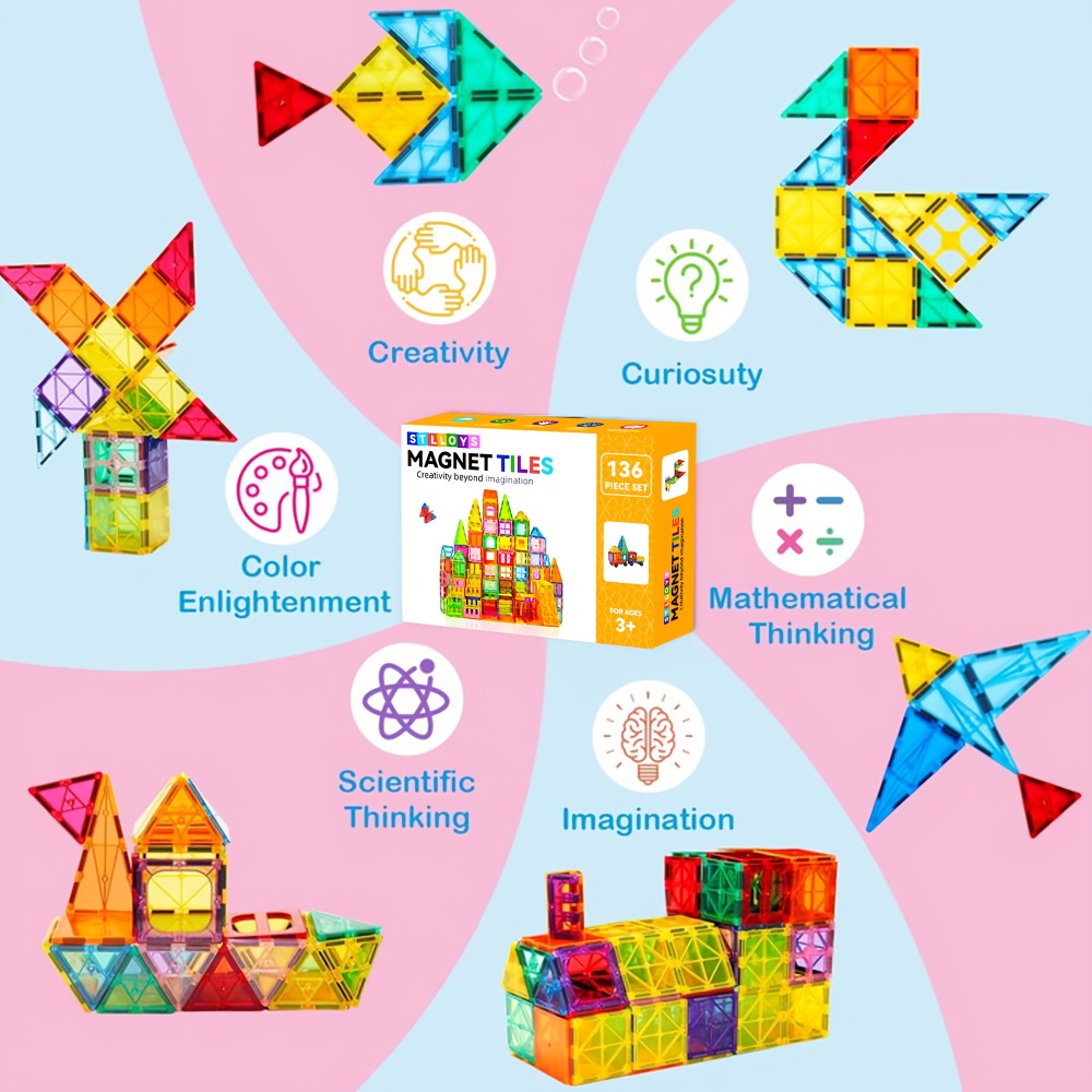 Magnetic Tiles Building Set for Kids 3 4 5 6 7 8 – 80 106 136 205pcs Clear 3D Magnet Building Blocks STEM Educational Toy Chi
