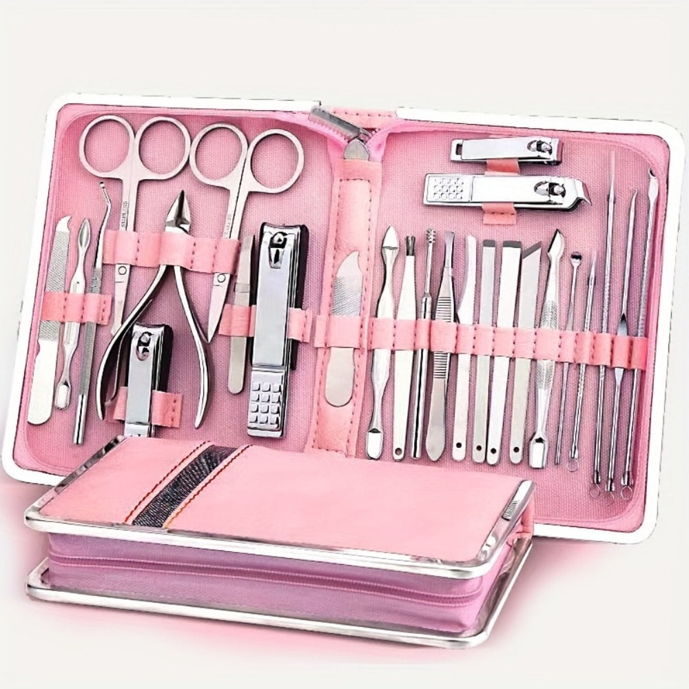 Manicure Pedicure Set 26pcs Pink Stainless Steel – Precision Nail Clippers Cuticle Nipper & Dead Skin Scissors 45° Blade Prof