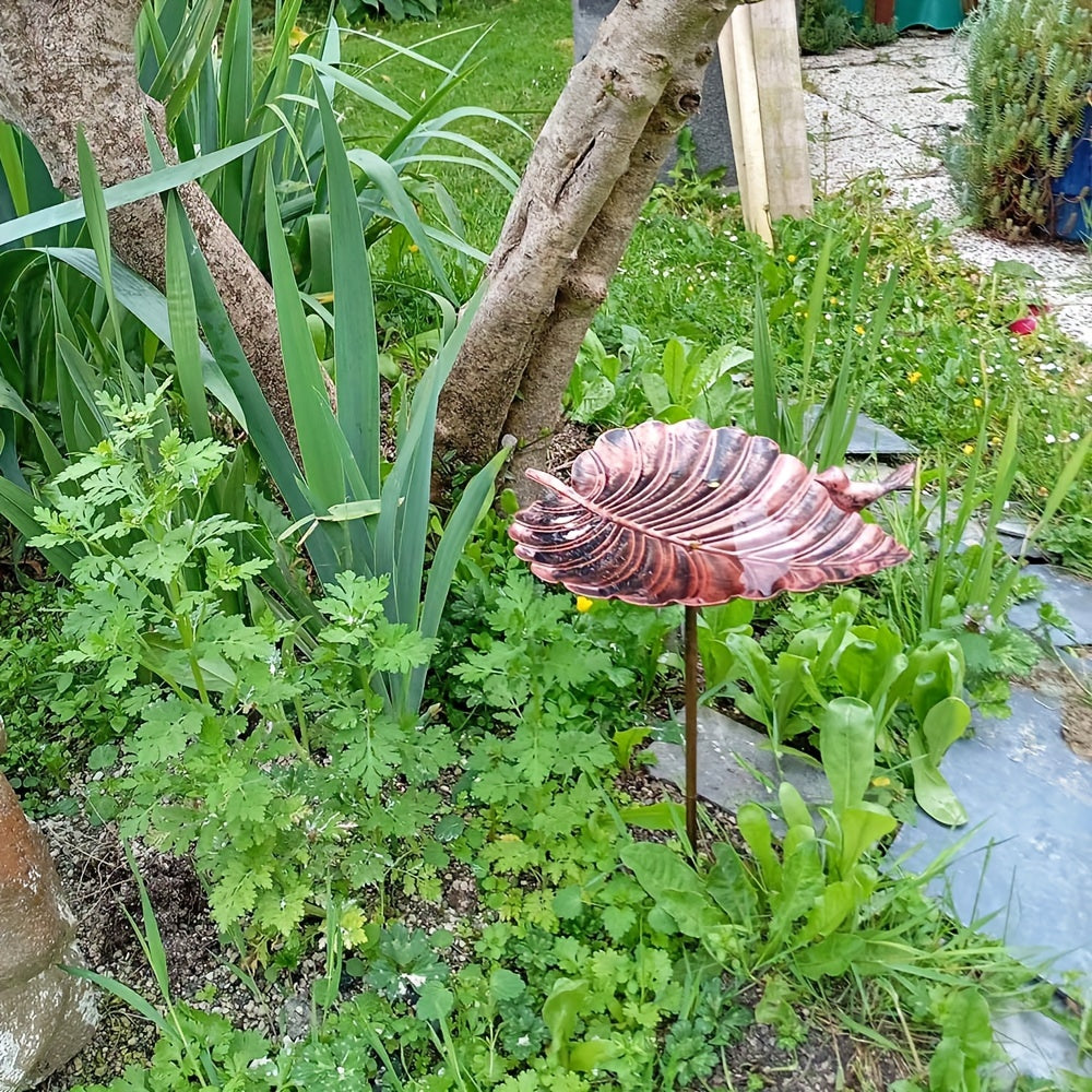 20-Inch Copper-Look Leaf Bird Bath with Bird Accent and Two-Prong Garden Stake for Yard and Lawn — image 5