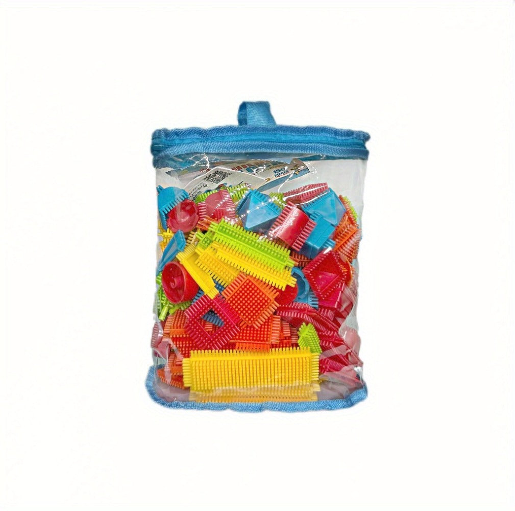 Building Block Set Bristle Construction Pieces, 150-Piece Colorful Interlocking Shapes with Storage Tub — image 14