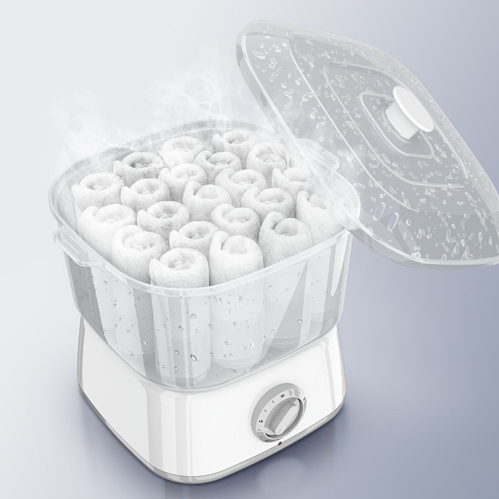 Compact Countertop Towel Steamer with Rotary Control, Black or White Base and Removable Clear Container — image 6