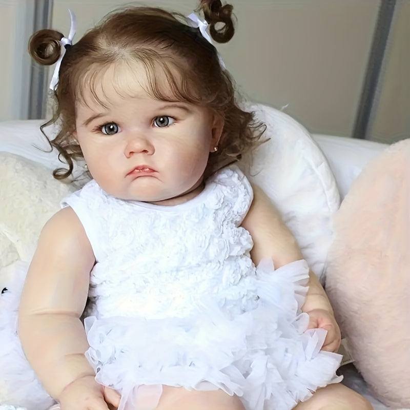 Reborn Baby Doll 24-Inch Cloth Body with Vinyl Limbs, Rooted Brown Hair, Acrylic Eyes and White Outfit Set — image 6