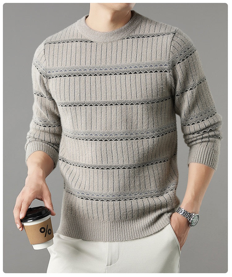 Mens Knitted Fleece-lined Thick Crew-neck Faux Mink Sweater