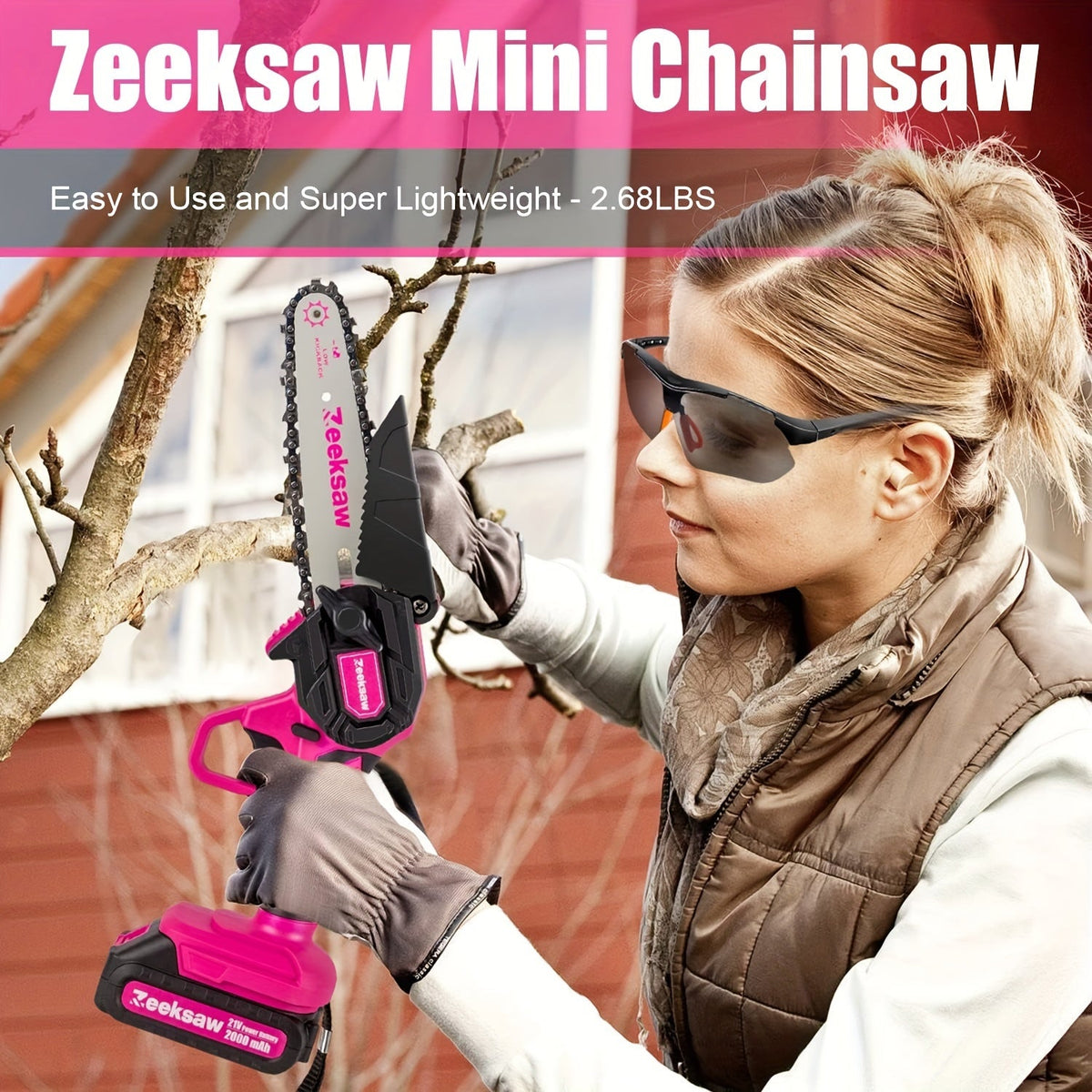 Pink 6-Inch Mini Cordless Chainsaw Kit with Two Batteries, Charger, Carry Case, Spare Chains and Clear Eyewear — image 3