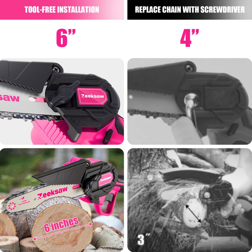 Pink 6-Inch Mini Cordless Chainsaw Kit with Two Batteries, Charger, Carry Case, Spare Chains and Clear Eyewear — image 9