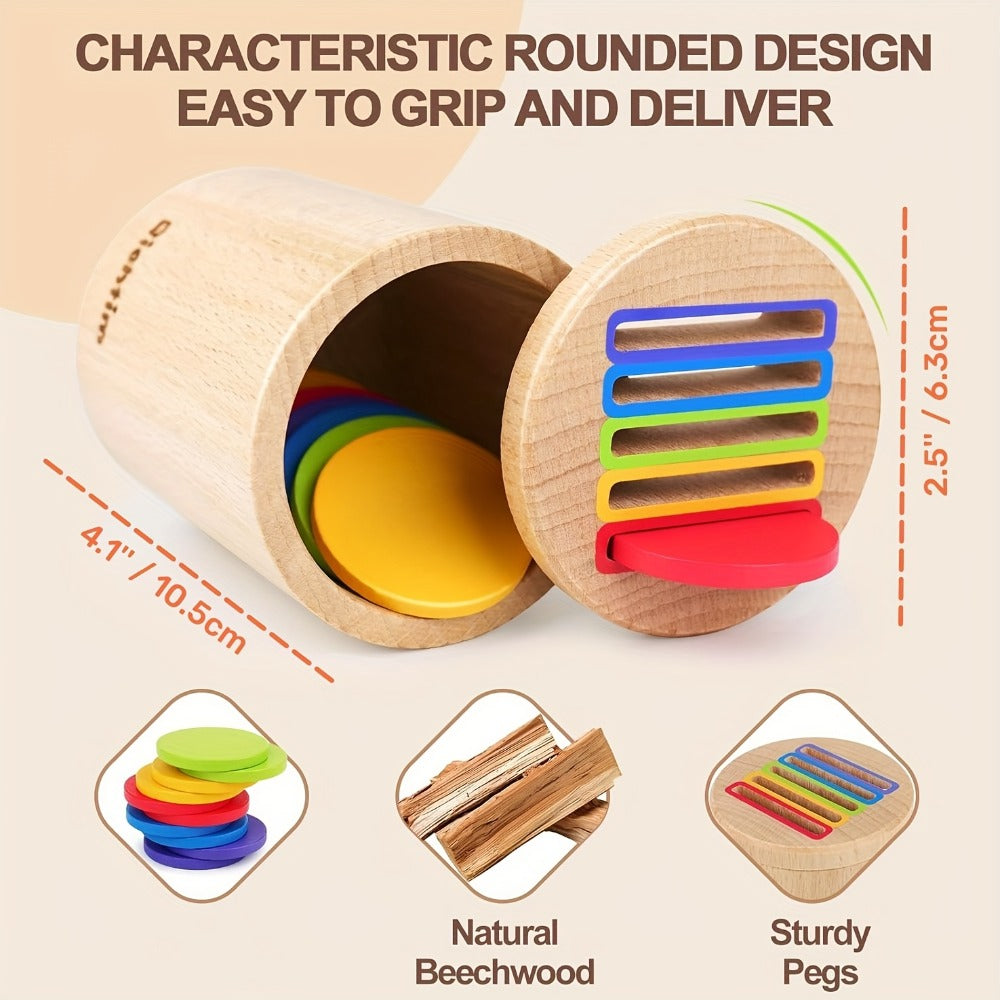 Wooden Color Sorting Coin Box Toy for Toddlers 1+, Montessori Educational Sensory Learning Toy with 10 Colorful Blocks & Stor