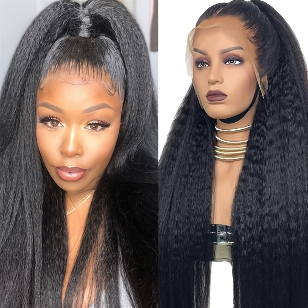 Synthetic Wig 26-Inch Black Kinky-Straight Yaki with HD Lace Front, Glueless Cap and with Item-Specific Color, Length, Textur