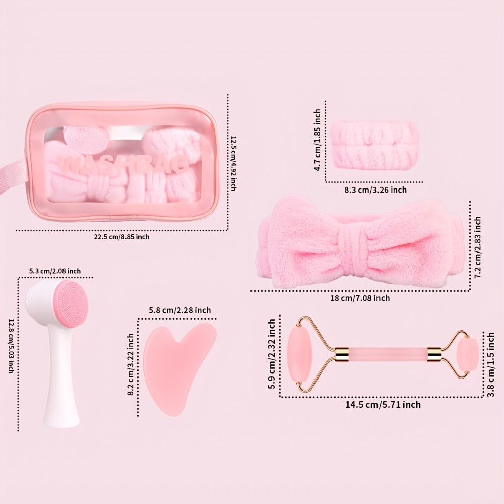 Facial Cleansing Massage Set 7Pcs Silicone Face Brush Double-Headed Roller Massager Heart Scraping Board Wristbands Hair Band