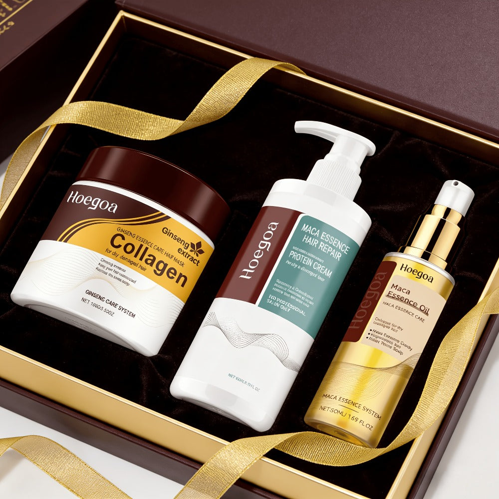 Three-Piece HOGOGO Collagen Hair Care Set with Jar and Pump Containers in a Gold Gift Box Presentation — image 1