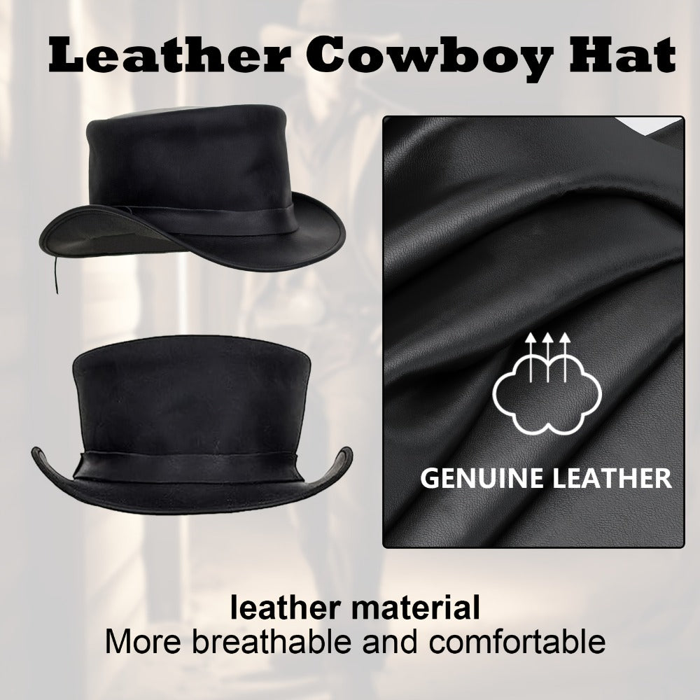 Genuine Leather Top Hat Steampunk Gentleman Shapeable Brim, Real Cowhide Low Crown Topper for Men & Women S-3XL — image 4