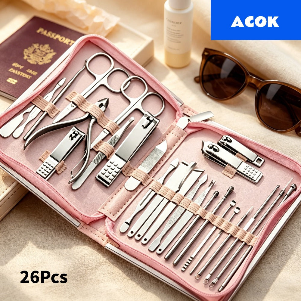 Manicure Pedicure Set 26pcs Pink Stainless Steel – Precision Nail Clippers Cuticle Nipper & Dead Skin Scissors 45° Blade Prof