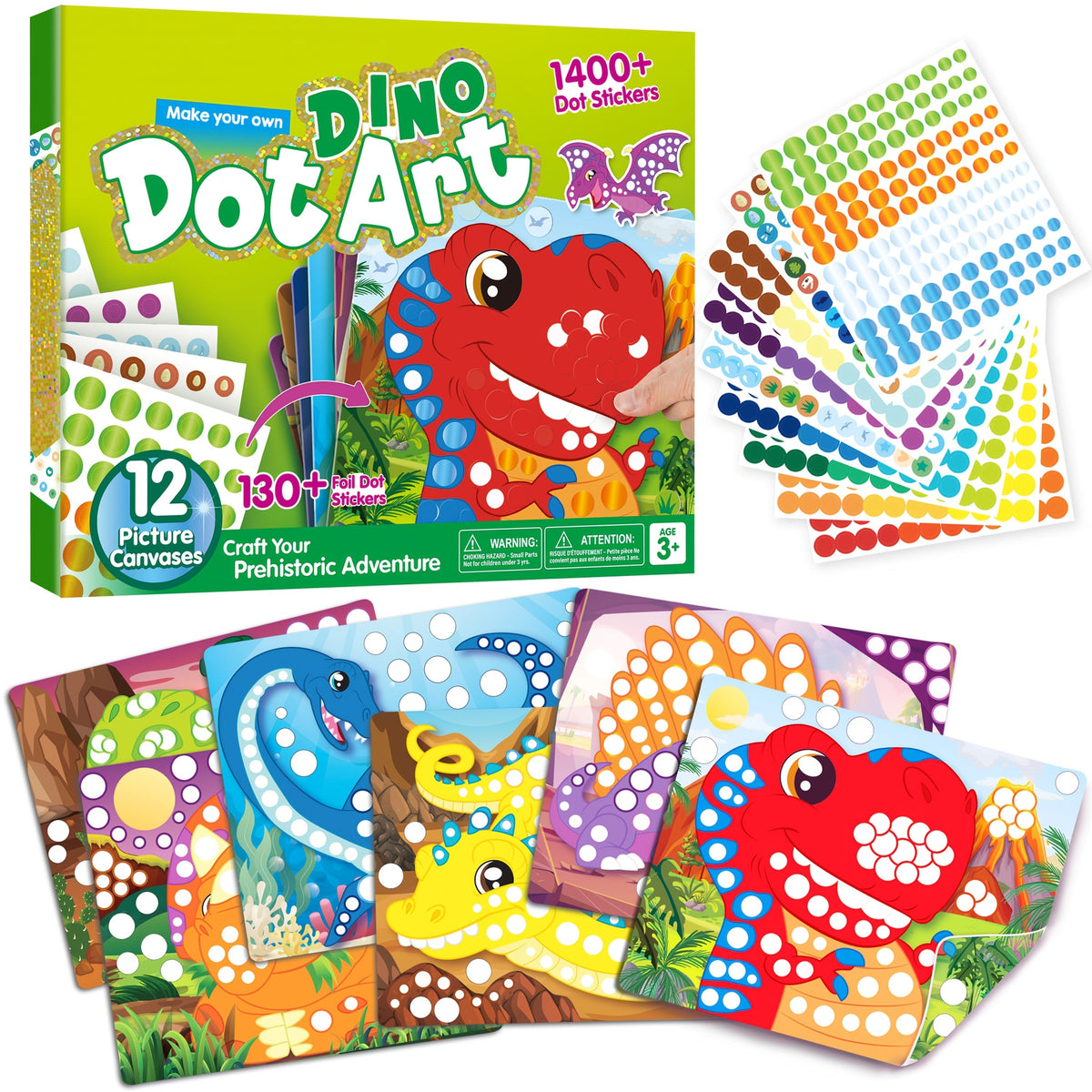 Dinosaur Dot Sticker Art Kit with 12 Picture Canvases and More Than 1, 400 Colored Dot Stickers — image 11