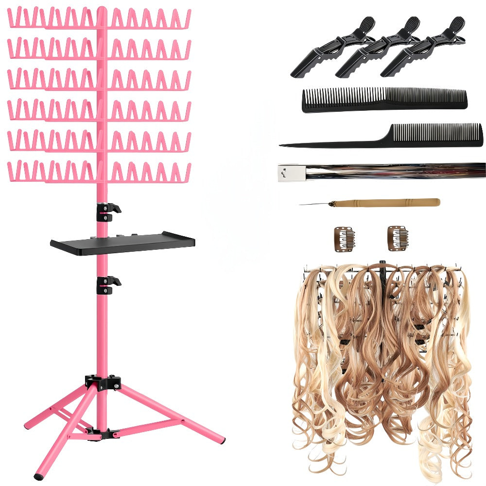 Braiding Hair Rack 144 Pegs Height Adjustable 2-Side Hair Extension Holder Stand with Tray – Foldable Portable Professional B
