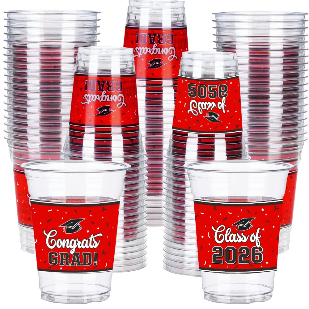 Graduation Plastic Mugs 100 Pack 14oz, 2026 Graduation Party Cups in Black Red Blue Green Purple Maroon for Graduation Ceremo
