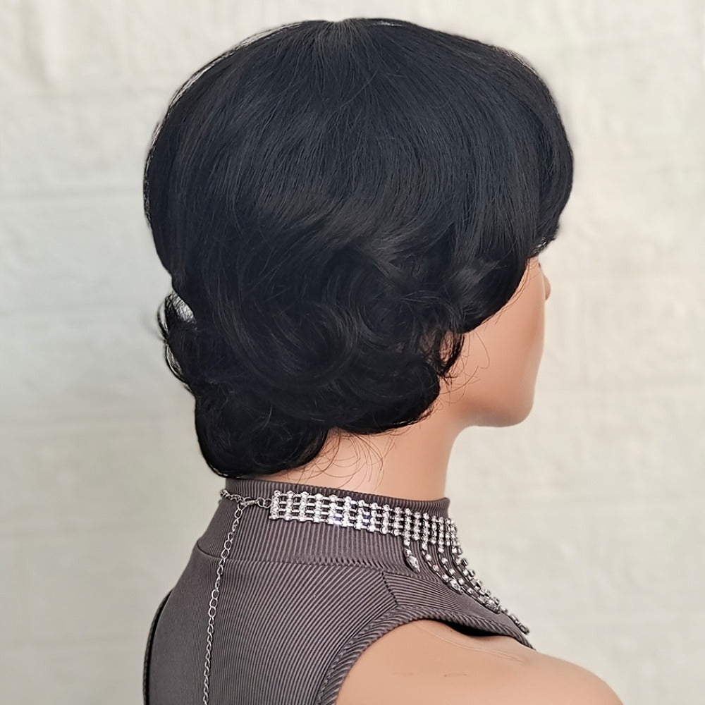 Pixie Cut Wig Human Hair with Bangs Glueless Short Brazilian Layered Machine Made Throw-On-and-Go Hairpiece Natural Black 1B 