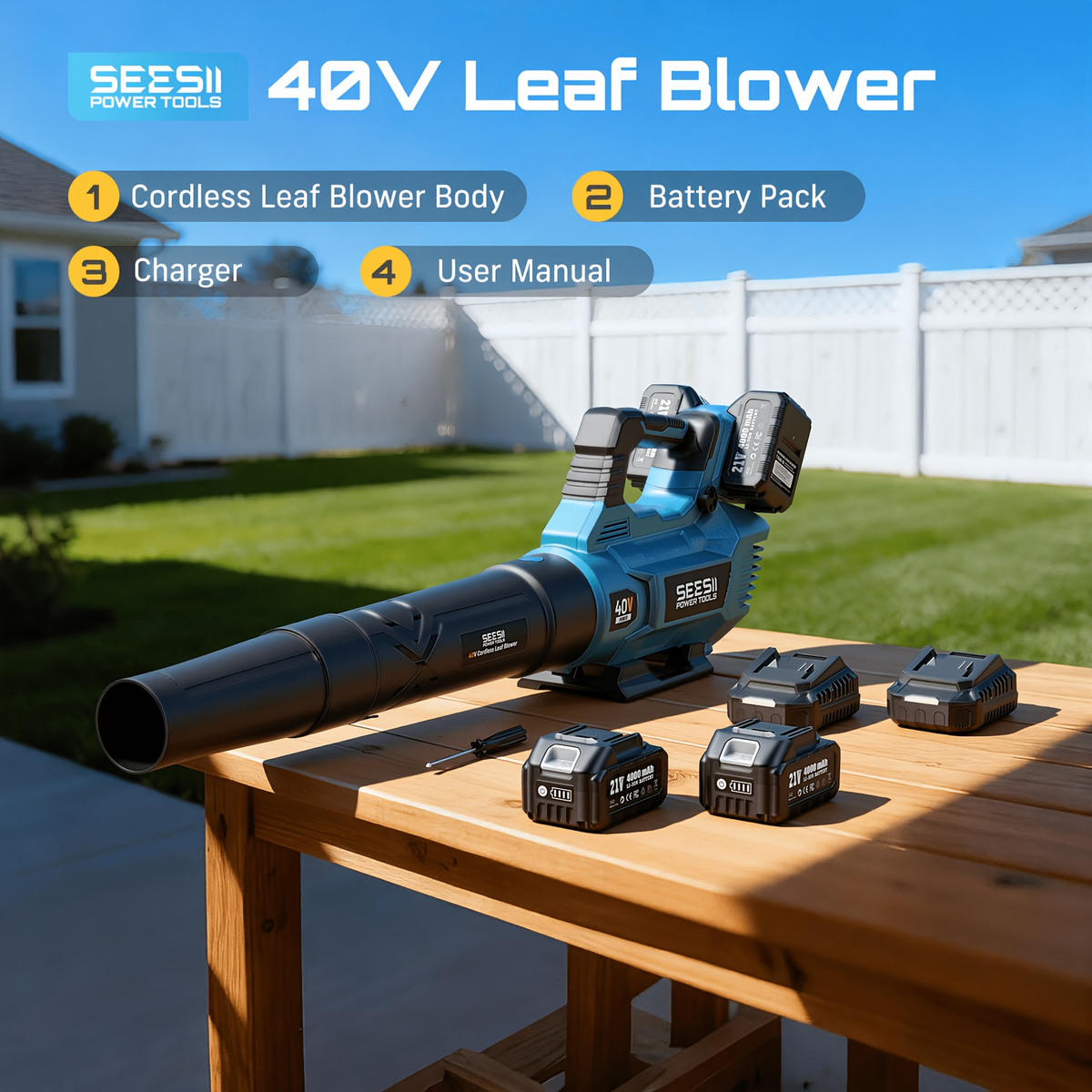 Cordless Leaf Blower 780CFM 40V Brushless, Seesii with 2x4000mAh Batteries & 2 Chargers, Turbo Button — image 8