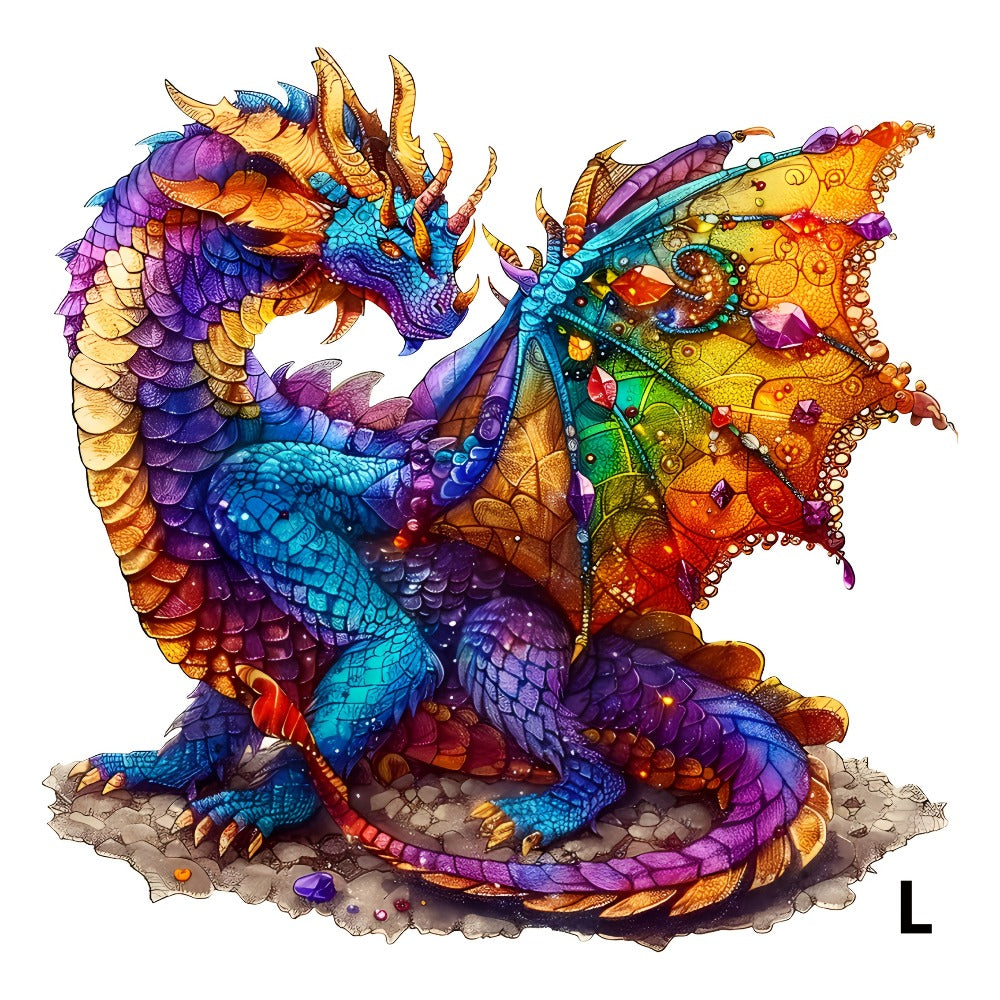 Dragon Wooden Jigsaw Puzzle Gemstone Fantasy – Colorful Irregular Animal Shaped Pieces, Unique Non-Repetitive Plywood Brain T