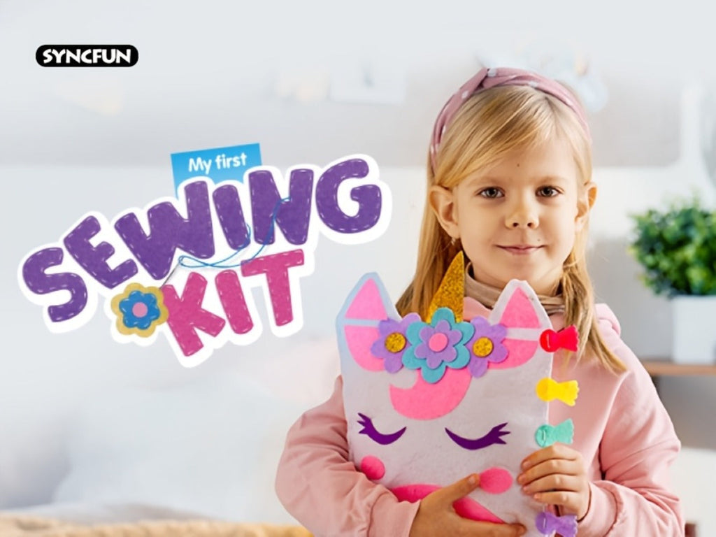 Kids Sewing Kit for Beginners 7 Felt Craft Projects, Pre-Punched Holes Safe Needles Mini Pillow Keychain Card Holder Cup Slee