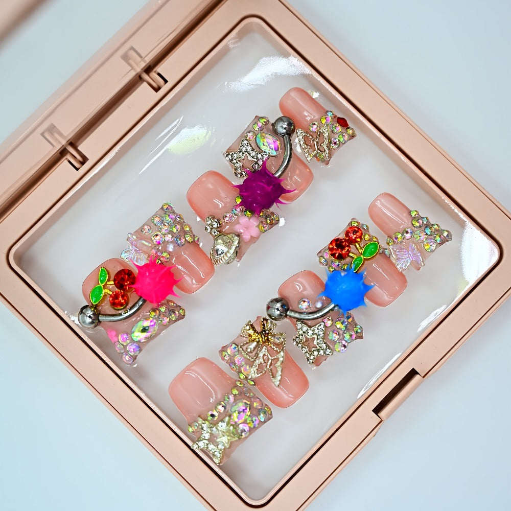 Press On Nails Handmade Y2K Duckbill Set with 3D Eye Barbell Star Rhinestone Charms and S M L Sizes — image 5
