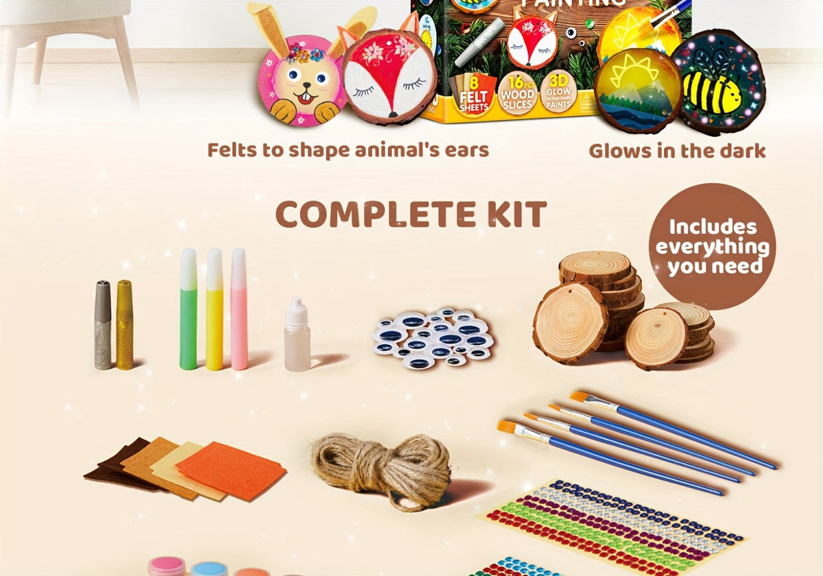 Kids Painting Kit Glow in the Dark, Wood Slice Arts & Crafts Set Ages 6+ with 16 Wood Slices, Felt — image 11