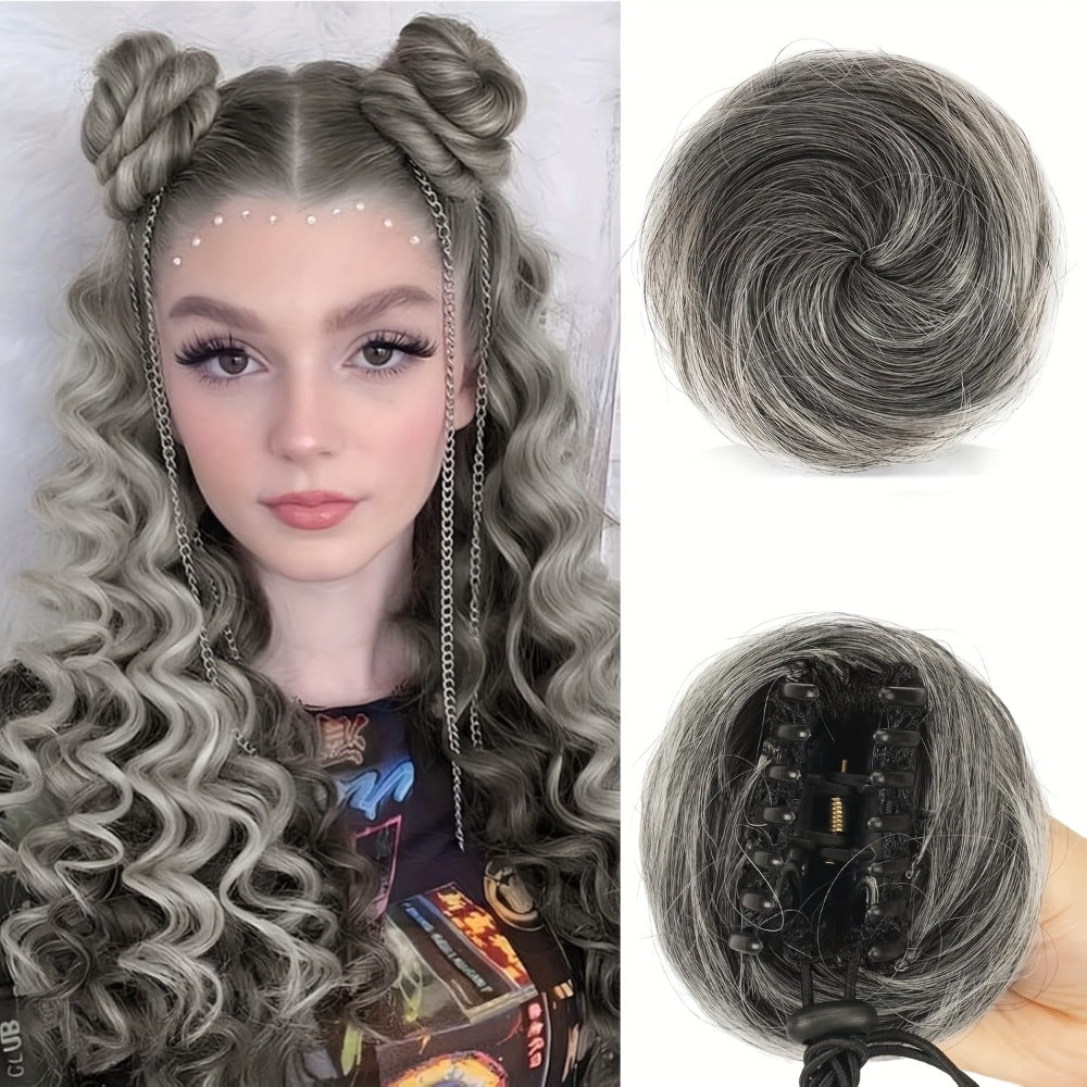 Mini Donut Bun Hairpiece with Cat Ears Claw Clip Messy Bun Synthetic Fiber Instant Updo – 2 Pcs Set for Women Girls All Hair 