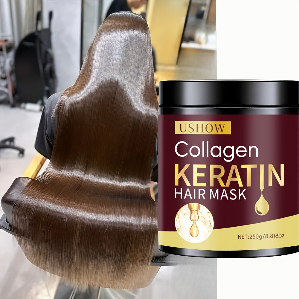 USHOW 250g Collagen and Keratin Hair Mask in Round Jar with Black Screw-Top Lid and Gold-Trim Label — image 1