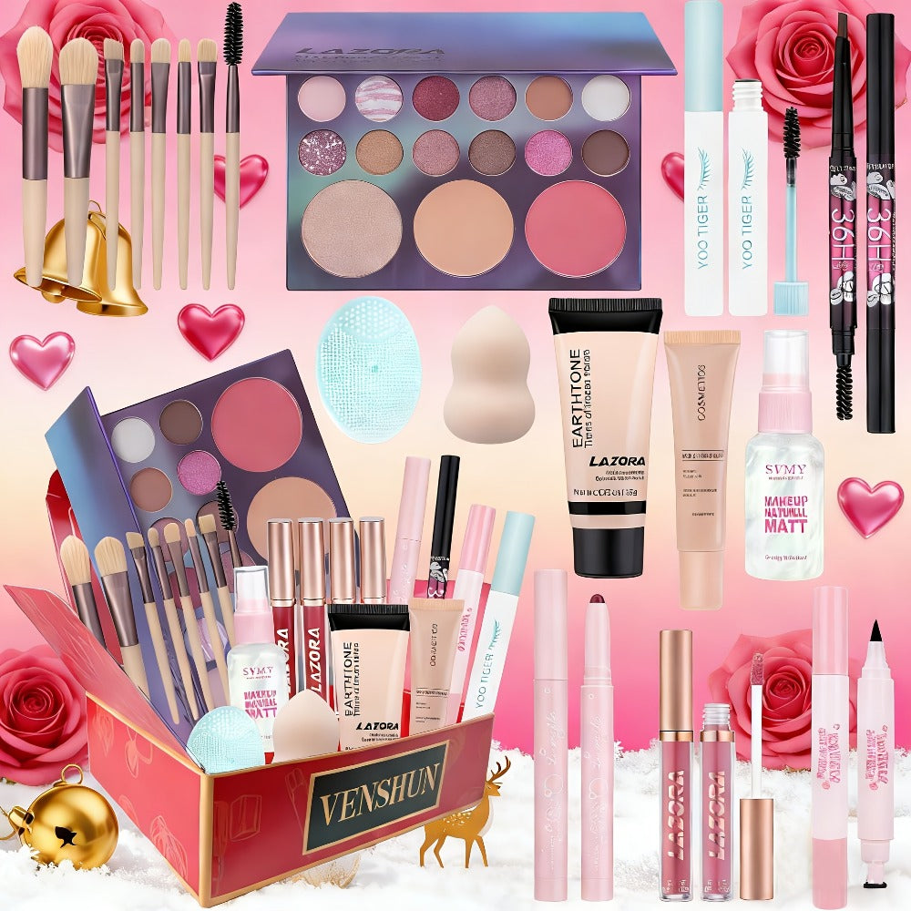 Full Face Makeup Gift Set for Women, Foundation, 18-Color Eyeshadow Palette, Coral Lipstick & Eyebrow Pencil — image 7