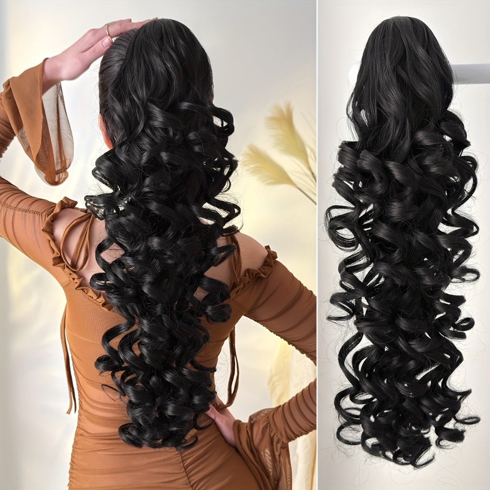 Curly Ponytail Extension 28 Inch Long Heat Resistant Synthetic Clip In Wrap Around Hairpiece Voluminous Bouncy Curls 4 Styles