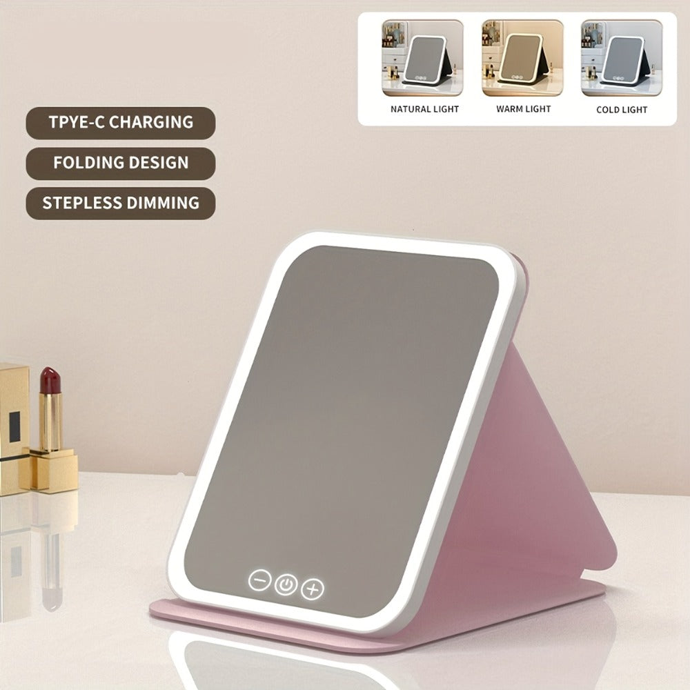 Makeup Mirror Foldable LED Travel Stand with Three Light Colors, Touch Dimming, USB Charging and Pink or White Options — imag