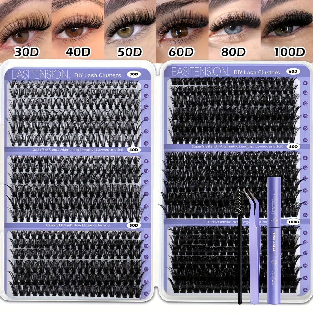 Premade Lash Clusters 708Pcs Mixed Length 30D 50D 80D 100D Wispy Volume Kit – Natural Fluffy DIY Lash Extensions with Bond Se