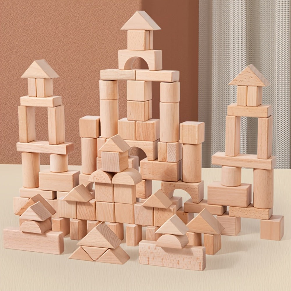 Natural Beech Wood Blocks 100 Piece Unpainted Solid Wooden Building Set, STEM Logical Thinking Toy for Kids Ages 3-12 — image