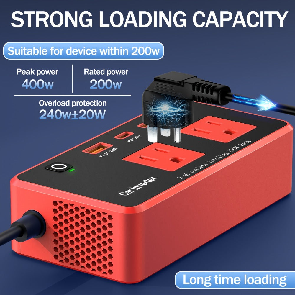 Car Power Inverter 200W – 12V DC to 110V AC, 4 USB Ports (PD & QC 3.0), Fast Charging Car Outlet Adapter for Road Trips — ima