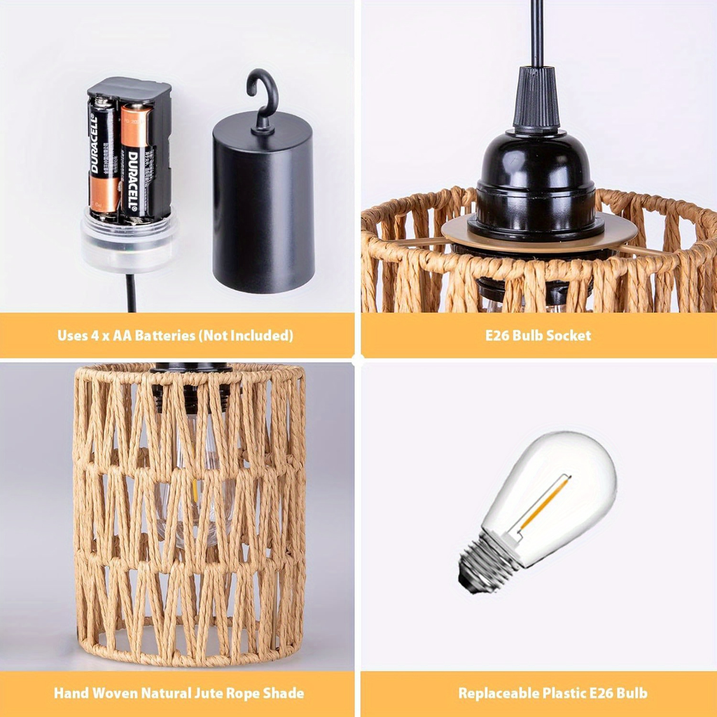 Battery Operated Pendant Light Rattan Boho Chandelier Hanging Light Warm White Bulb Wireless No-Wiring for Gazebo Pergola Por