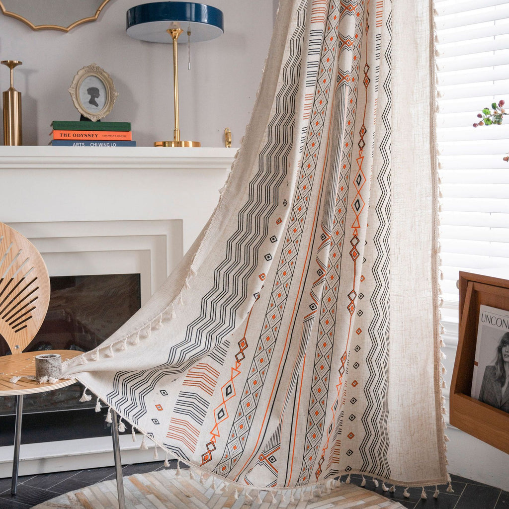Boho Cream Cotton And Linen Print Sun Shade Non-punched Curtain Fabric