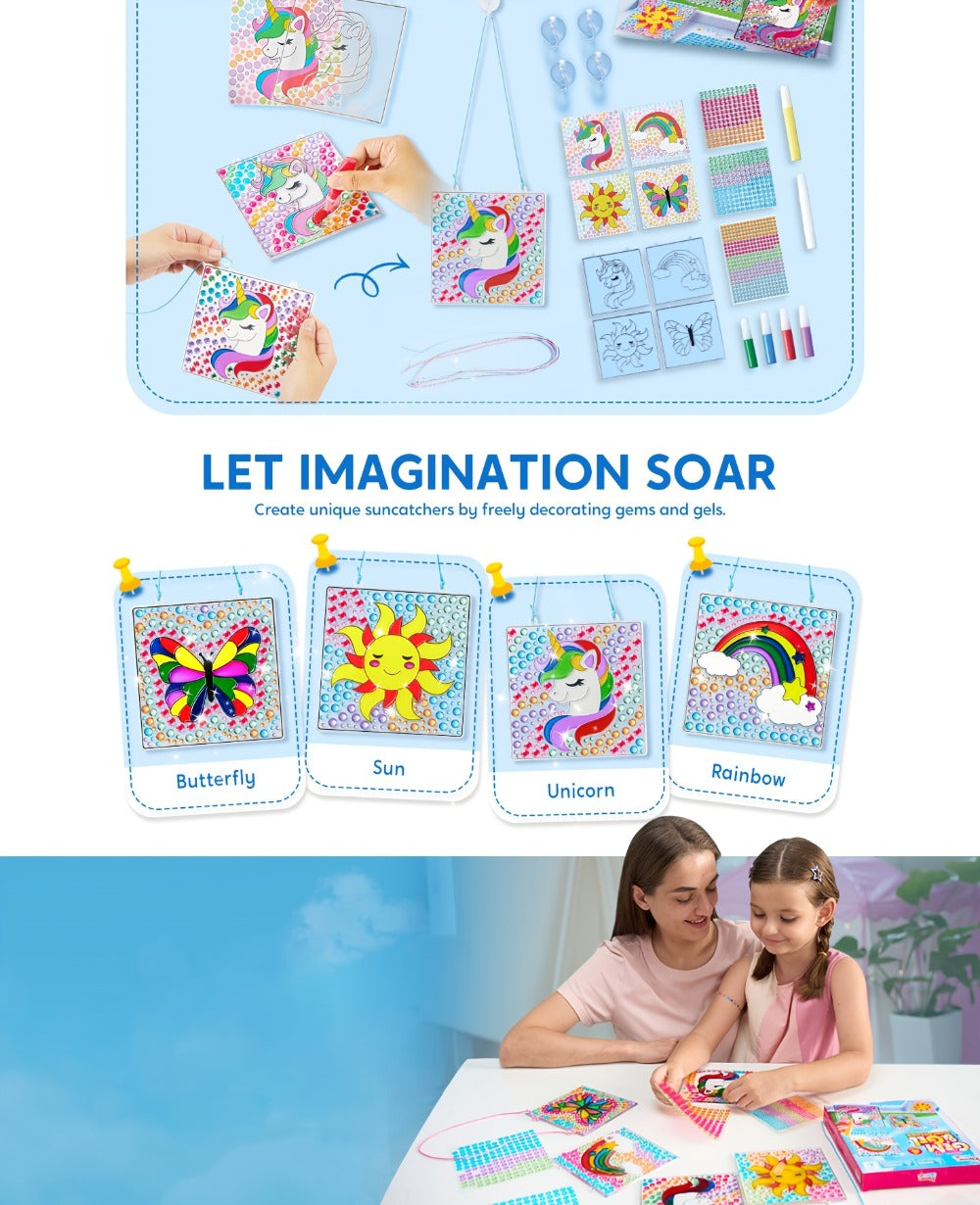Suncatcher Painting Kit 4pcs for Kids, 2-in-1 Window Art with Gem Stickers & Paint Pens, Butterfly Unicorn Rainbow Sun Design