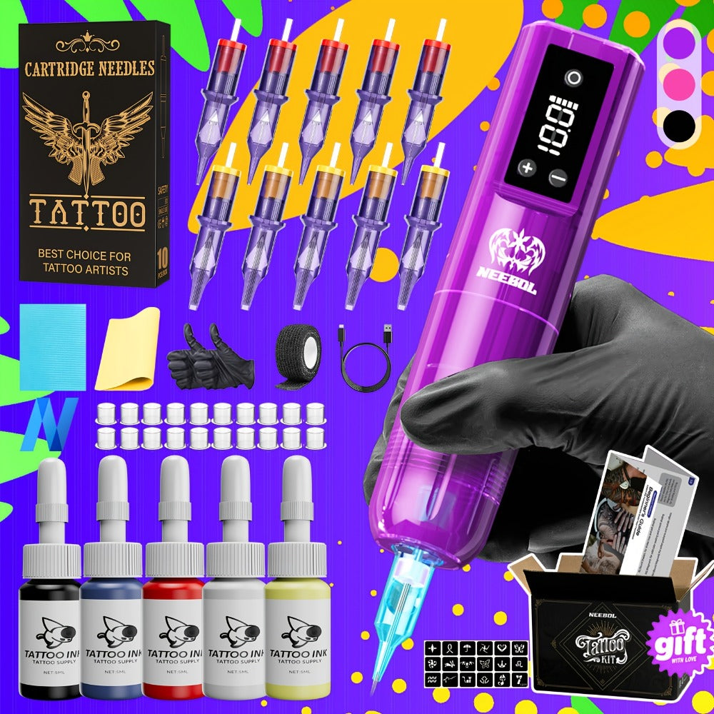 Cordless Rotary Tattoo Machine Kit Complete Set with Screen Display 6-8Hr Battery 20 Needles 7 Inks — image 3