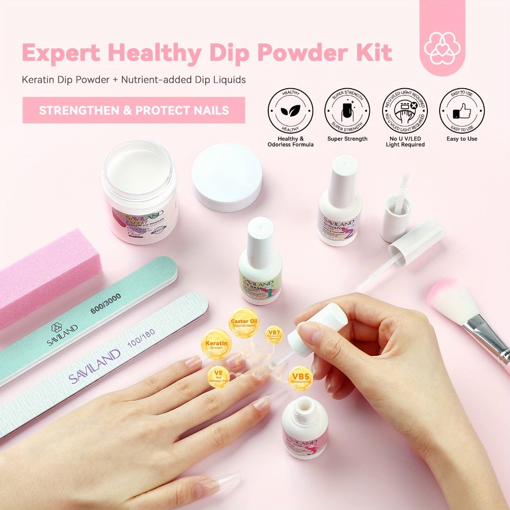 Dip Powder Nail Kit with SAVILAND Label, 60g Clear Powder, Three 15ml Liquids, Files, Buffer and Brush — image 3