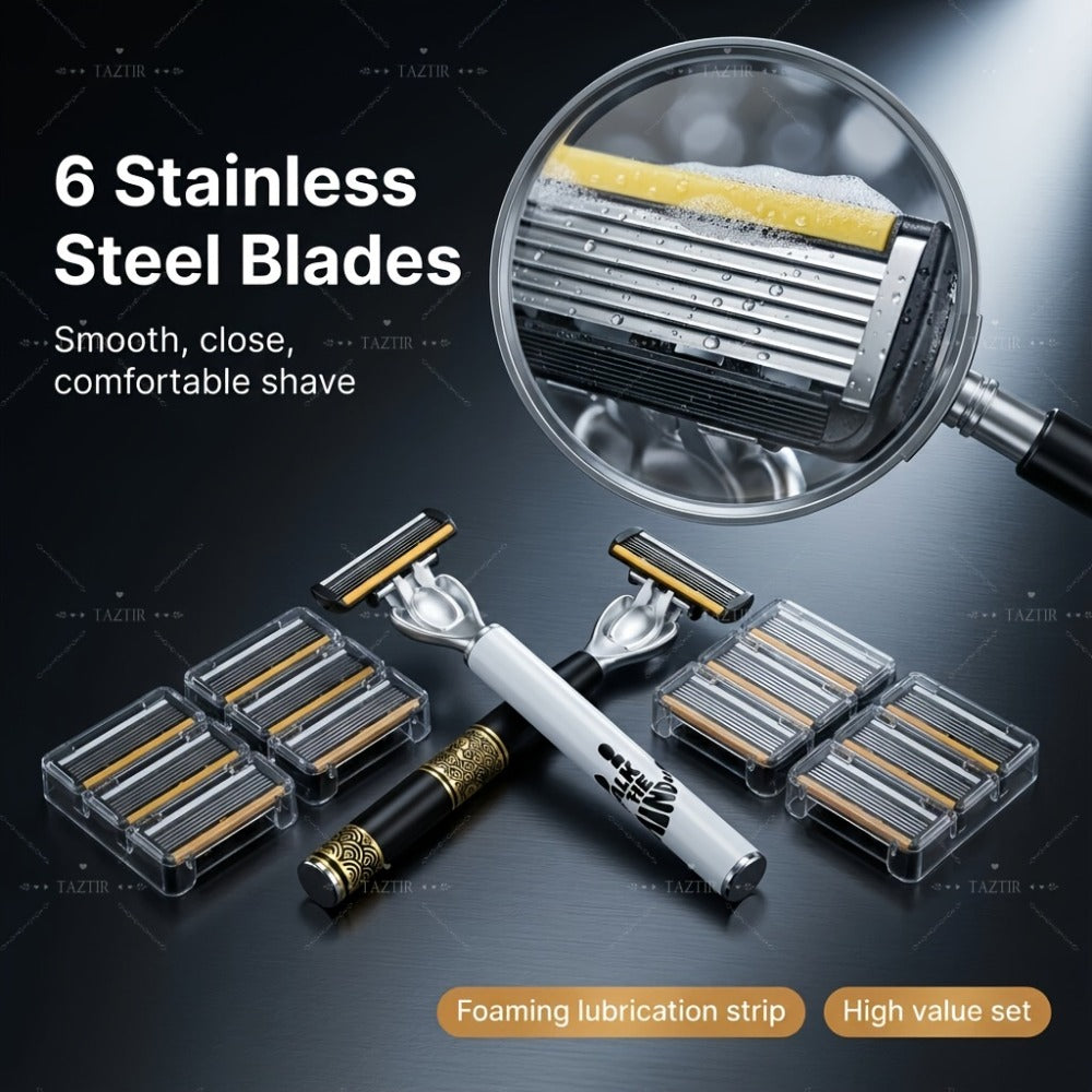 Luxury Men's Razor Set 6-Layer Blades – 2 Ergonomic Anti-Slip Handles & 72 Replaceable Blades, Precision Manual Shaving Kit —