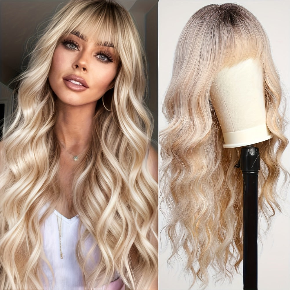 Synthetic Wig 26-Inch Light Golden Loose Waves with Bangs and Glueless Rose Net Cap for Daily Styling — image 1