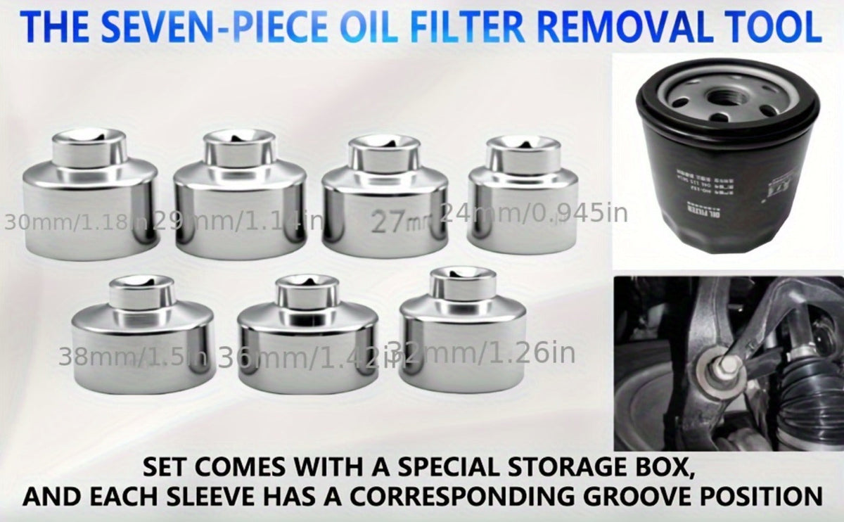 7-Piece Oil Filter Wrench Socket Set – CR-V Steel Hexagonal Cap Wrenches 24mm to 38mm, 3/8-Inch Drive, Universal Fit for Car 