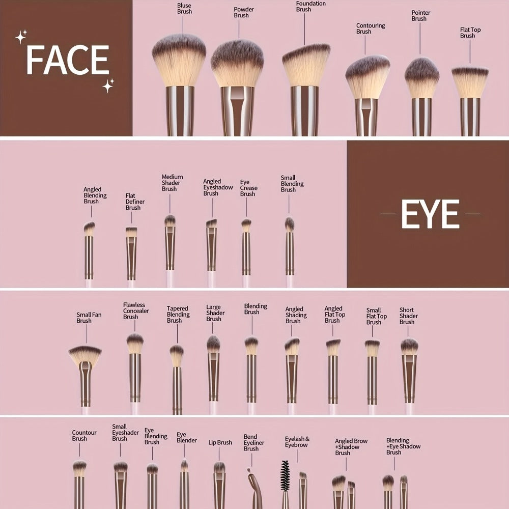 Makeup Brush Set, 30-Piece Nylon Bristle Collection with Alloy Handles, Face and Eye Brush Shapes and Storage Pouch — image 9