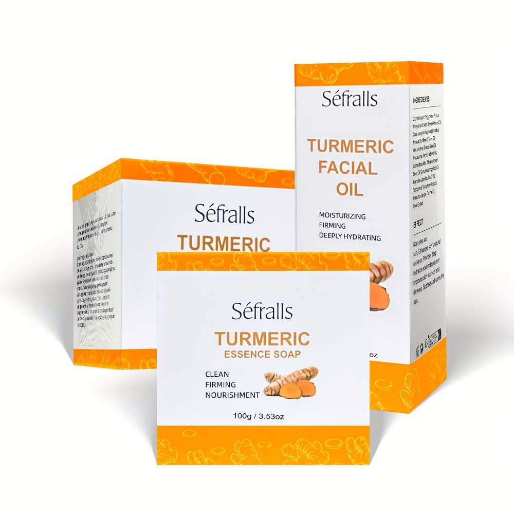 Turmeric Skincare Set 3 Pcs – Turmeric Face Cream, Facial Soap & Essential Oil Kit for Deep Pore Cleansing, Brightening & Moi